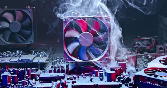 Working graphics card on motherboards with fans on heatsink.