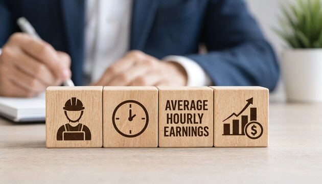 Person writing near blocks showing average hourly earnings concept