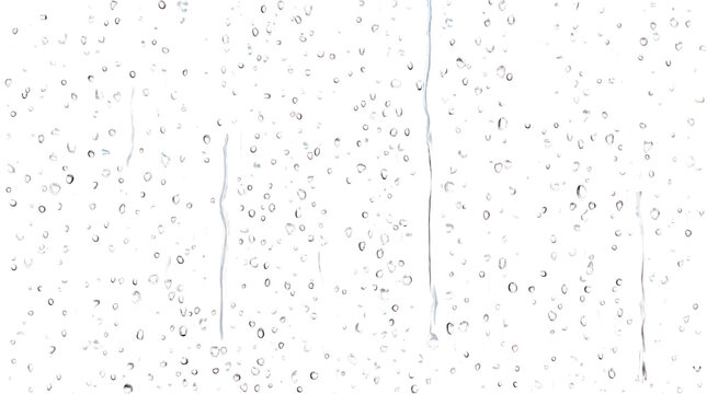 Rain water drops droplets, raindrop on transparent wet clear window surface - Crystal fresh liquid aqua texture. Bubbles & moisture reflection on clear glass surface.
