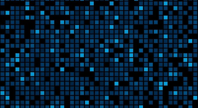 Digital Data Grid with blue glowing pixel squares on black background ideal for technology backgrounds, cyber security themes, and data visualization projects.