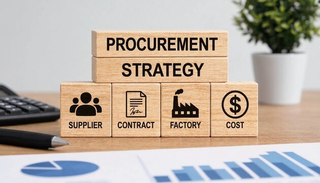 Procurement strategy blocks showing supplier contract factory cost management concepts
