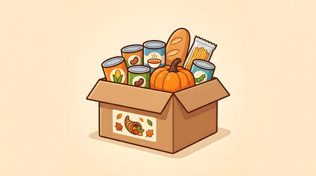 Cardboard donation box filled with groceries and pumpkin for community food drive.