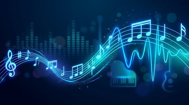 Abstract musical background with glowing blue musical notes, staff lines, sound wave equalizer, and instruments on dark blue backdrop 