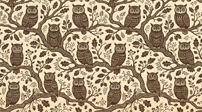 Seamless pattern with stylized owls perched on oak branches with acorns and leaves in a rustic folk art style