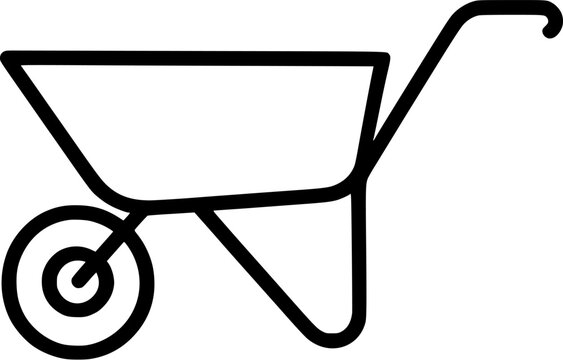 A black wheelbarrow with a curved handle is depicted against a stark white background