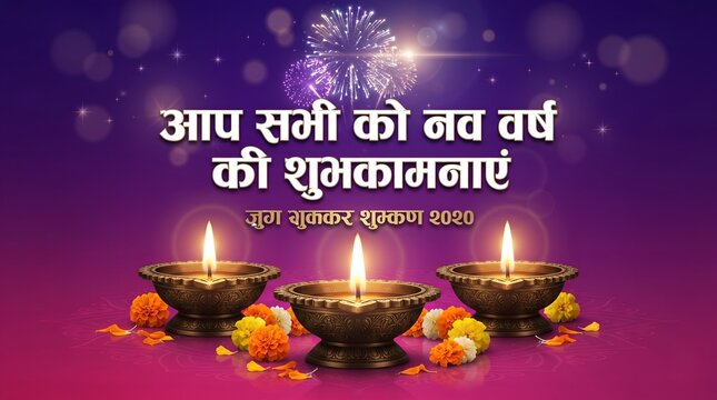 Nav Varsh Ki Shubhkamnayen Hindi Holiday Banner with Fireworks and Brass Diyas