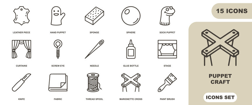 Puppet craft icon sheet featuring 15 linear of tools and including marionette cross, needle, glue, fabric, and hand puppets