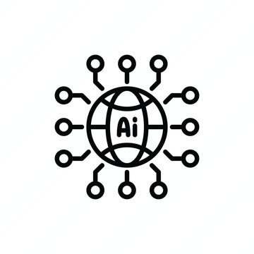 Global AI ecosystem thin line icon representing artificial intelligence, worldwide connectivity, interconnected technologies, neural networks, data exchange, and intelligent digital systems. Vector il