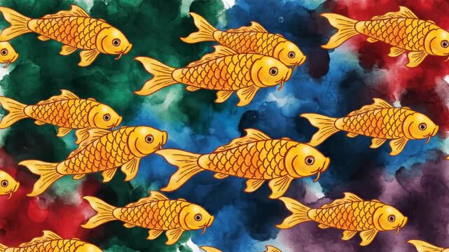 Playful illustration of many golden koi fish swimming through a swirling colorful watercolor background