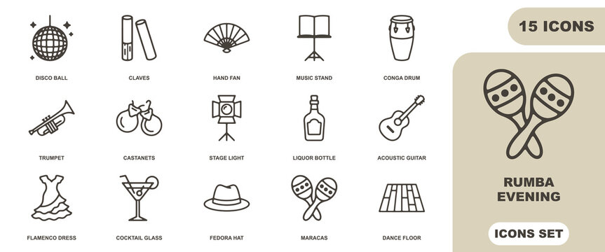 Rumba evening icon sheet featuring fifteen line of musical instruments, dance accessories, and party on a light background