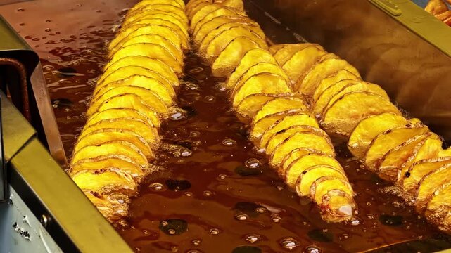 Sliced spiral potatoes frying in hot oil at a food stall, close-up view
