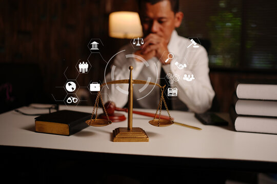 Lawyer Thinking with Legal Technology Icons and Scales of Justice