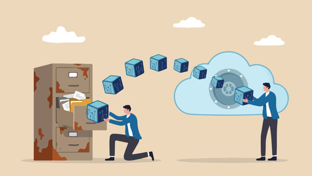 Data migration vector illustration of IT specialists transferring file cubes from a rusted filing cabinet to a secure cloud
