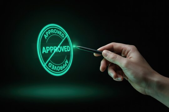 Approved stamp hologram concept. Hand touching glowing seal. Photo.