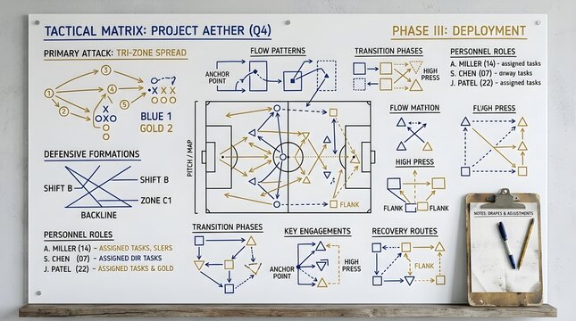 Tactical Strategy Board Displaying Soccer Team Formation and Game Plan Phases for Coaching and Analysis