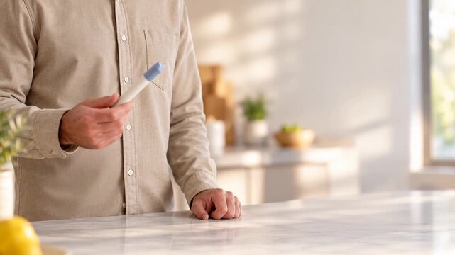 Person holding GLP-1 injection pen at home, weight management treatment, with copy space