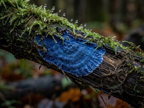Vibrant blue cobalt crust fungus on a mossy branch in a damp forest