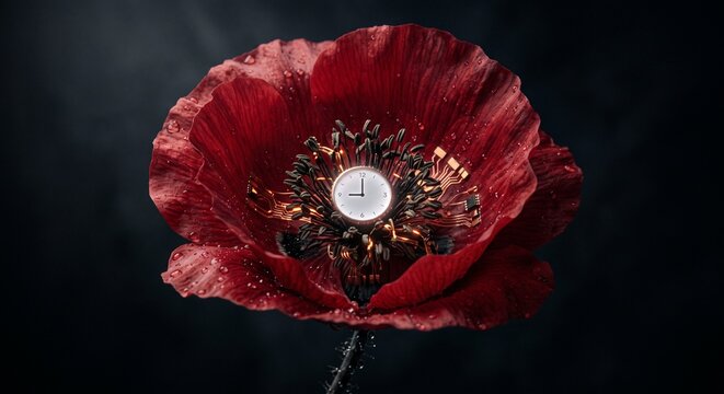 Surreal digital poppy flower with clock face and circuit board, deep red and dark aesthetic, technology and nature fusion