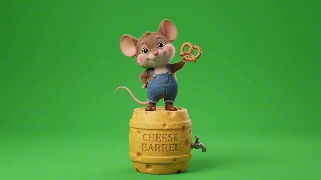 A cartoon mouse in overalls stands proudly on a yellow cheese barrel, holding a pretzel. The mouse has big ears and a long tail, and it's looking forward with a smile.