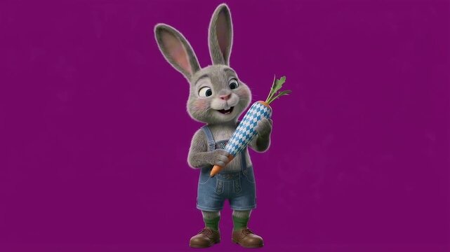 A cute cartoon rabbit holding a carrot with a checkered pattern