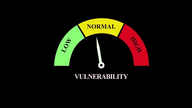 Vulnerability Risk Gauge Meter Showing Low Normal and High Levels on Black Background