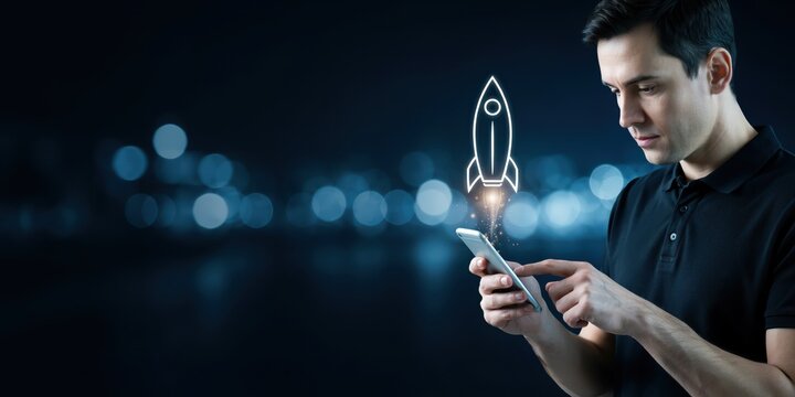 Startup business concept photo. Man using smartphone with rocket ship.