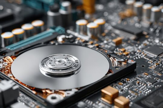 Close up on an open hard drive with electronic components around it. Perfect for illustrating data storage, technology, or computer repair services.