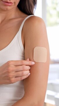 Woman applying hormonal patch to upper arm at home, hormone therapy concept, with copy space