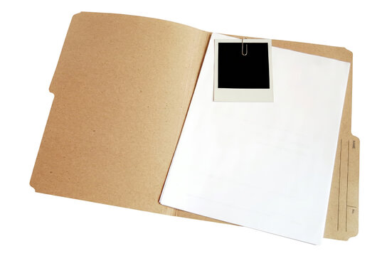 Open Manila Folder with Blank Papers and Paperclipped Instant Photo