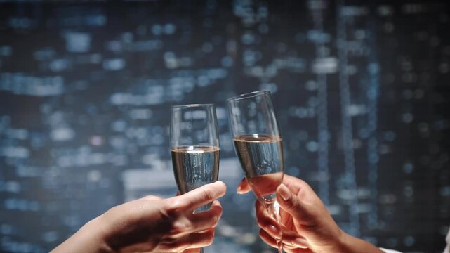 African-American women holding champagne flutes, toasting and drinking indoors at nighttime with a blurred urban blueprint backdrop, celebrating business success.