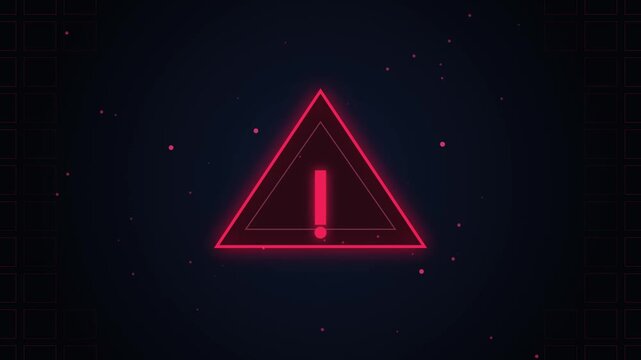 Neon red warning sign digital alert symbol with glowing particles and grid background, danger caution