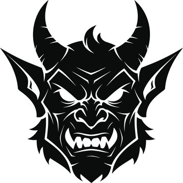 Black and white vector illustration of a scary demon head with horns and sharp teeth for mascot design