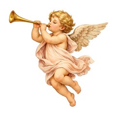 Obraz premium Illustration of a cherubic angel playing a golden trumpet, with wings.