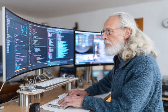 A man with long white hair and a beard is working on his computer in an setting. He has two monitors open, one showing code and the other displaying medical images.