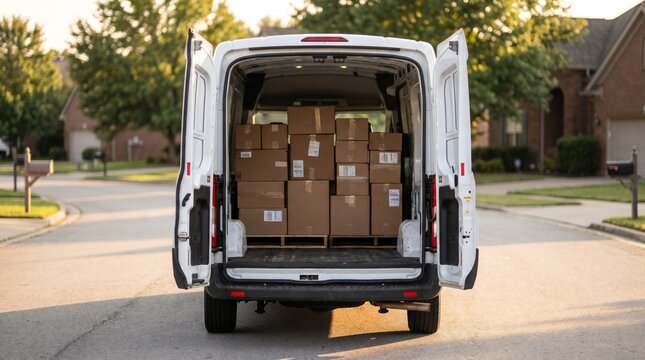 White delivery van filled with stacked brown cardboard packages parked on a suburban street during a bright sunny afternoon day