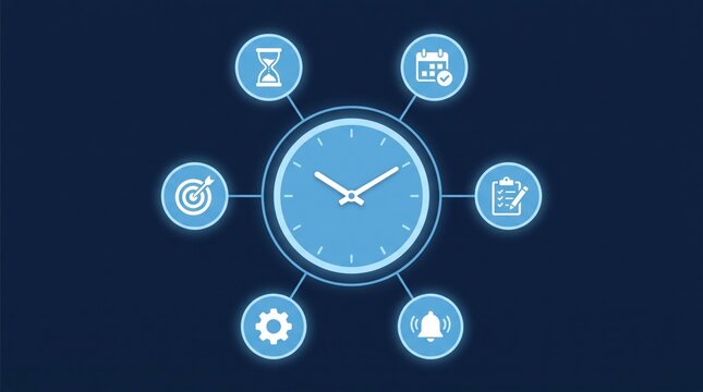 Glowing blue clock surrounded by digital icons representing time management, productivity, planning, efficiency, goals, and scheduling on dark navy background.