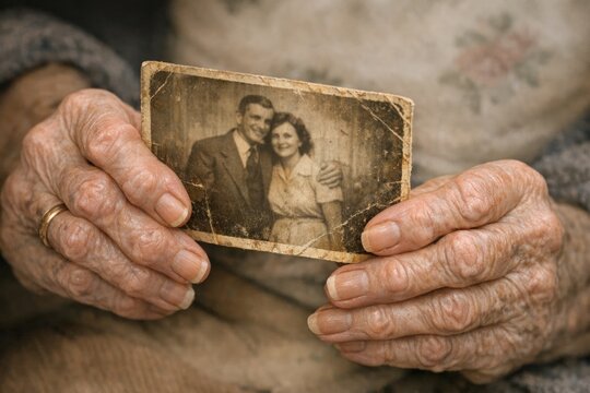 An elderly woman holds a framed photo of a couple, with a nostalgic expression