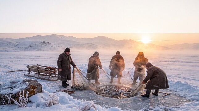 Lake &Ccedil;ıldır Ice Fishing in Ardahan &mdash; a frozen high-altitude lake where fishermen, telephoto compressed layers