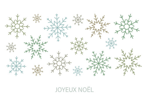 Festive french language "Joyeux No&euml;l" (Merry Christmas) postcard with differently sized and formed snowflakes on white background.