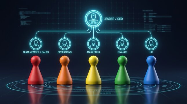 Colorful game pawns represent diverse employees underneath a glowing neon digital organizational hierarchy chart showing leadership and corporate management structure