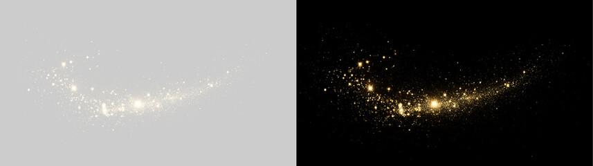 Golden glitter particle trail and sparkling stardust wave. Luminous glowing magic dust isolated on transparent and black background © Маша ОМЕЛЬЧЕНКО