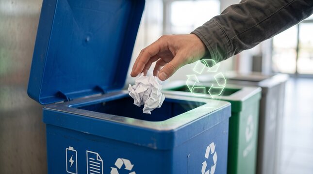 Person hand dropping a crumpled paper ball into a blue recycling bin