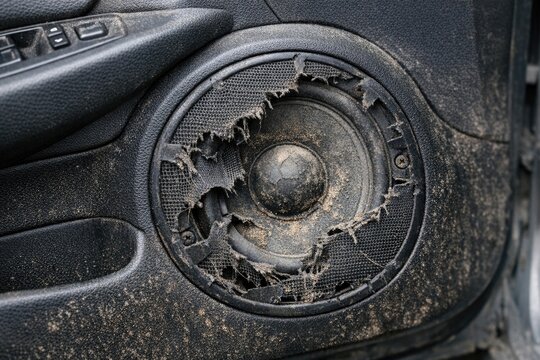 A dirty car door speaker with a hole in it