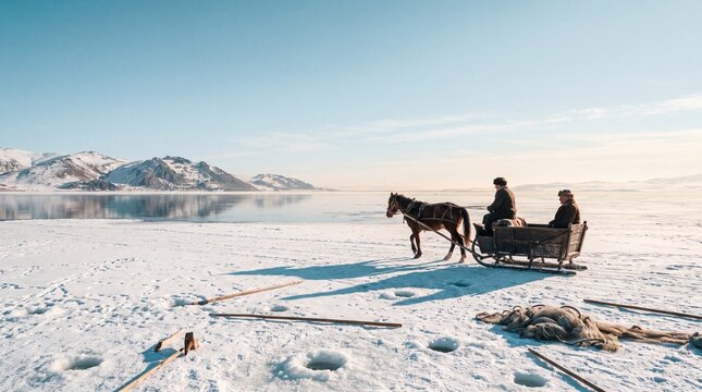 Lake &Ccedil;ıldır Ice Fishing, Ardahan: a frozen high-altitude lake where fishermen cut holes