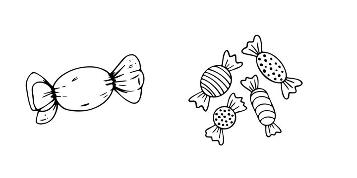 Hand drawn candy sketches on white background, minimalist black and white sweets illustration, set of wrapped hard candies in doodle style