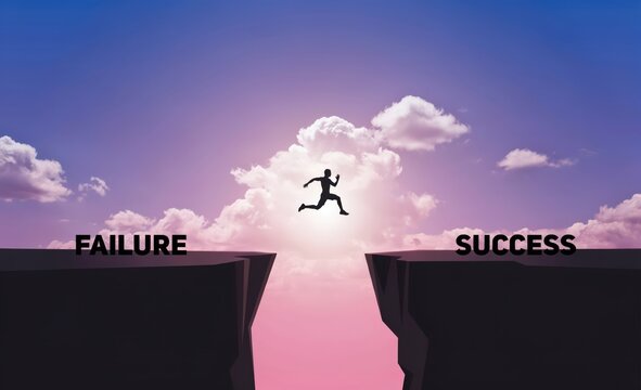 Business concept of jumping from failure to success, man leaping over gap