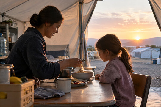 Woman serves breakfast to a child at a table inside a tent shelter during sunrise with rows of tents visible outside