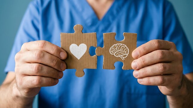 Healthcare worker in blue scrubs holding two cardboard puzzle pieces, one with a white heart and one with a brain connecting them