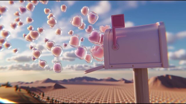 Pink mailbox with floating heart shapes in blue sky, romantic love message concept with dreamy clouds and whimsical pastel aesthetic