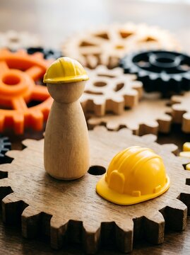 A wooden peg doll wearing a yellow hard hat standing on a wooden gear surrounded by other gears and an extra yellow construction helmet nearby